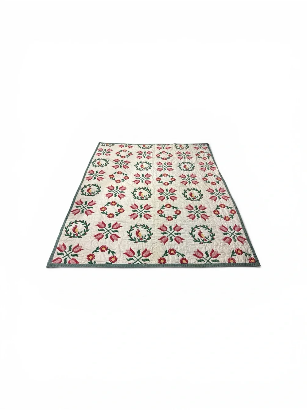 Vintage Handmade Appliqué Folk Art Quilt Tulips Birds Floral Wreath Full Queen